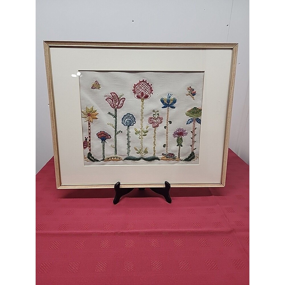 Vintage Framed  Needlepoint Wall Art Floral Whimsy Garden Chic